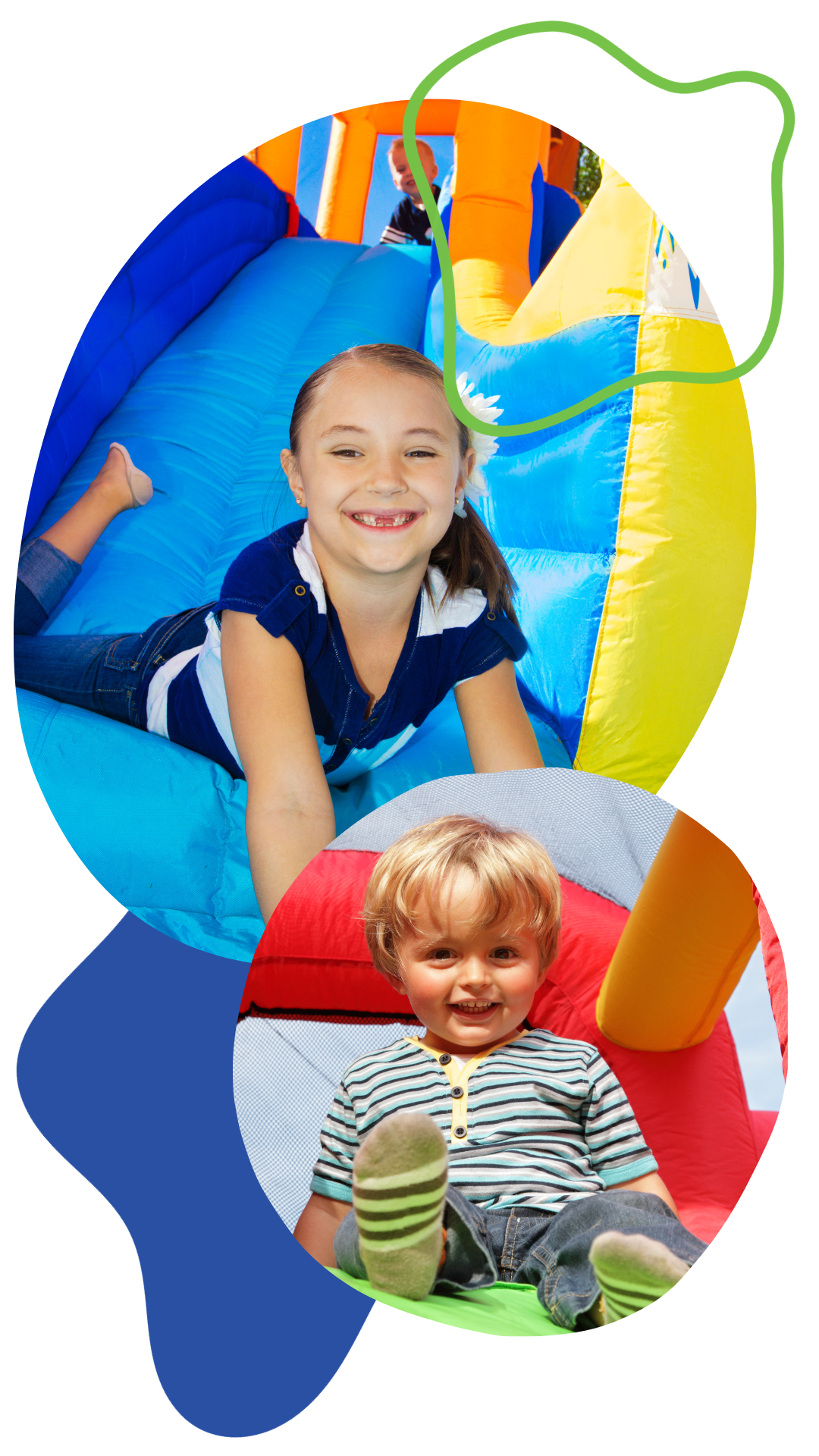 Promotional collage of two children playing on colorful inflatables.